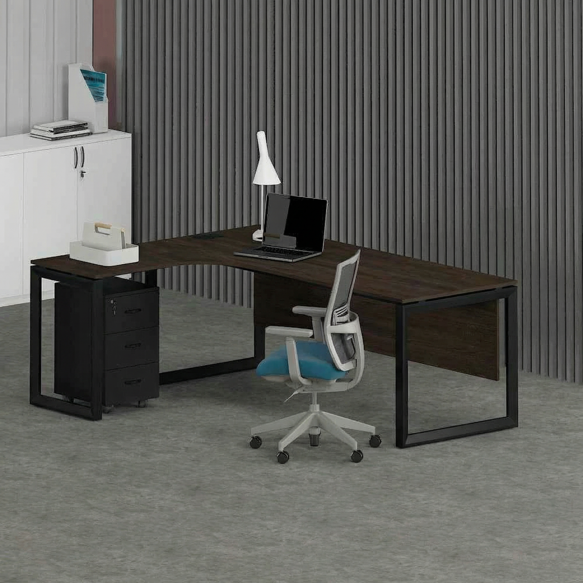 Solana L-Shaped Executive Desk (Curve Table Top) Black Frame