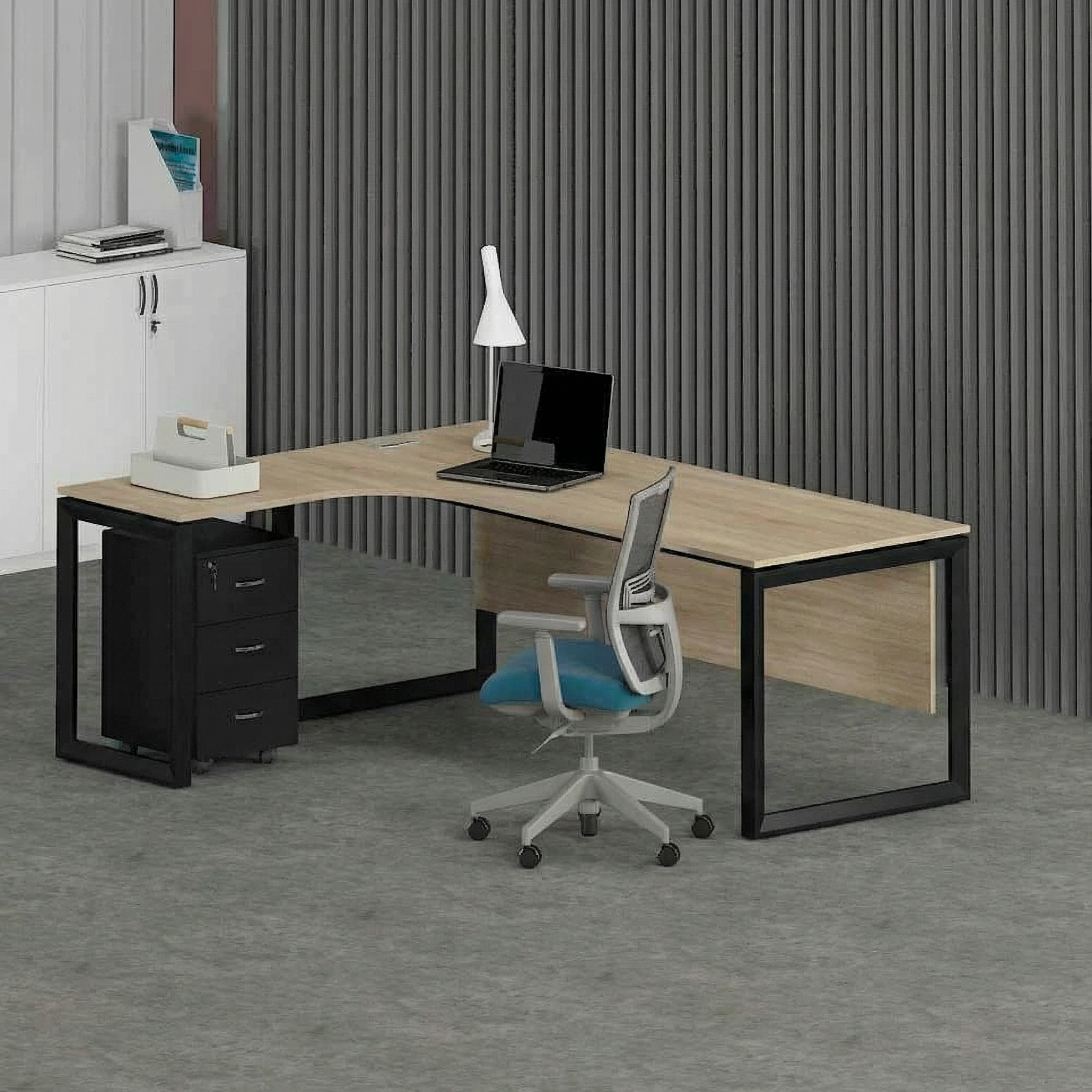 Solana L-Shaped Executive Desk (Curve Table Top) Black Frame