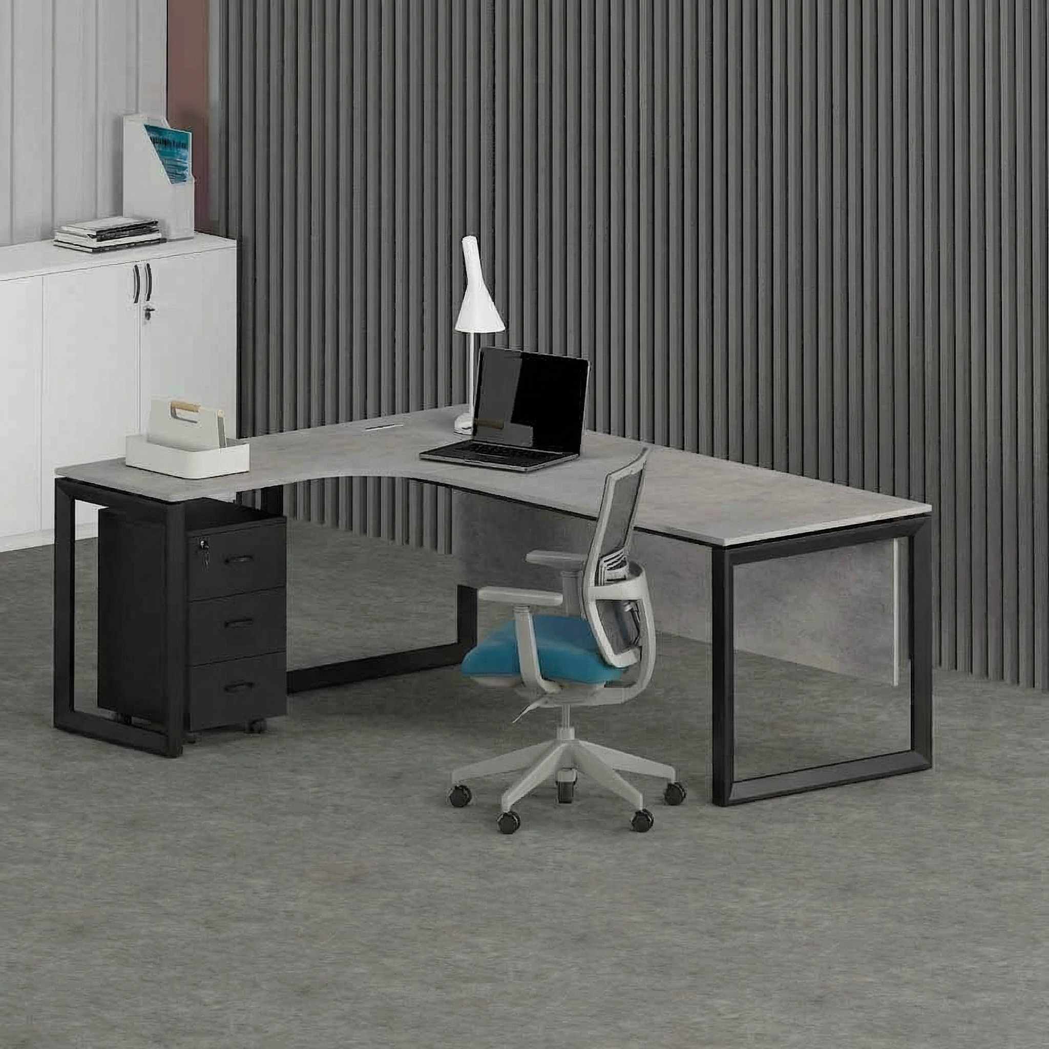 Solana L-Shaped Executive Desk (Curve Table Top) Black Frame