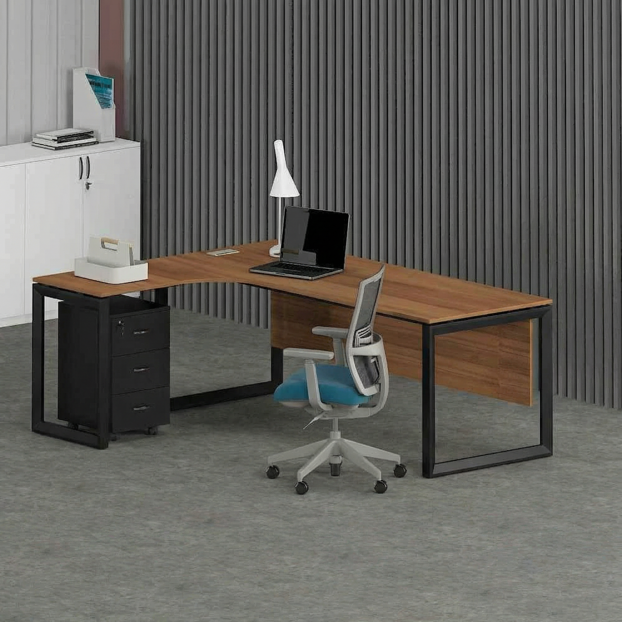 Solana L-Shaped Executive Desk (Curve Table Top) Black Frame