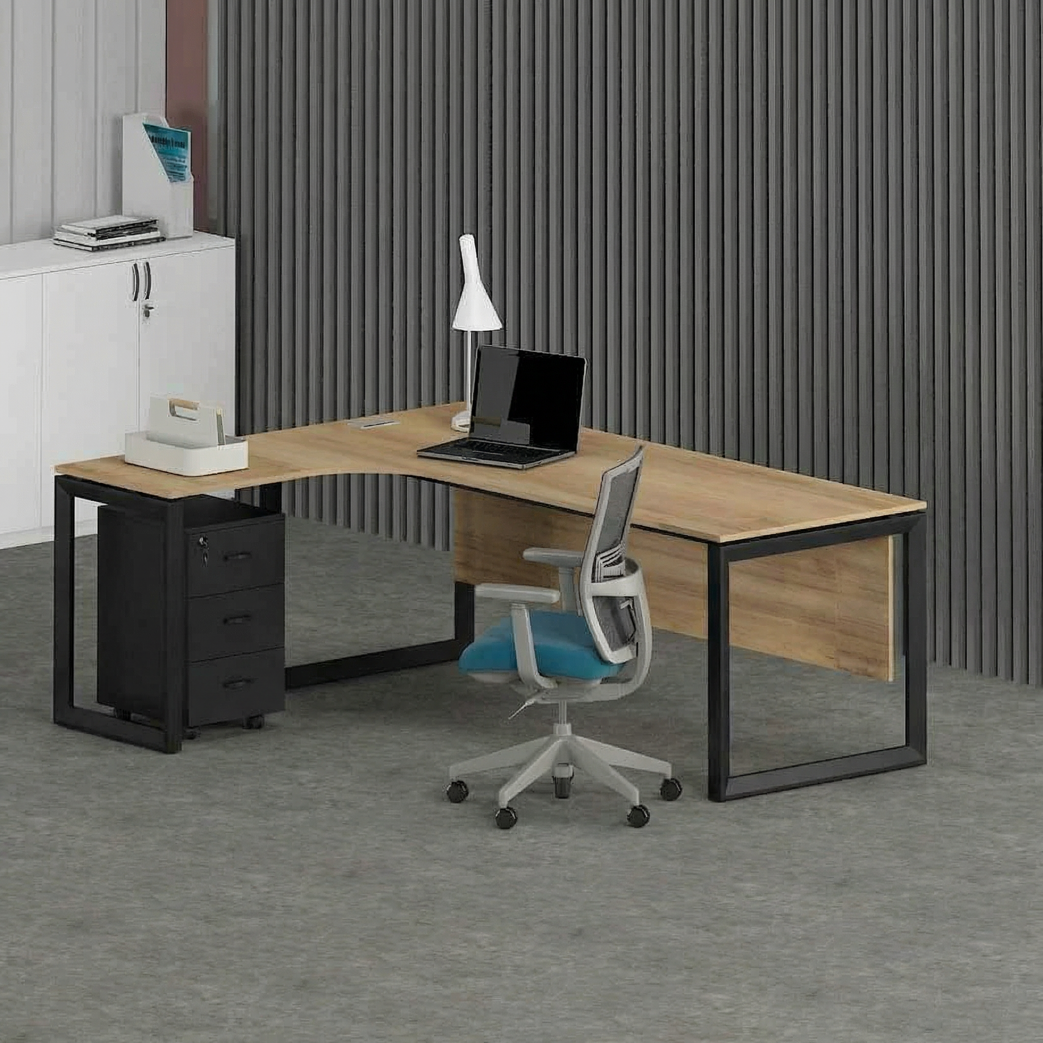 Solana L-Shaped Executive Desk (Curve Table Top) Black Frame