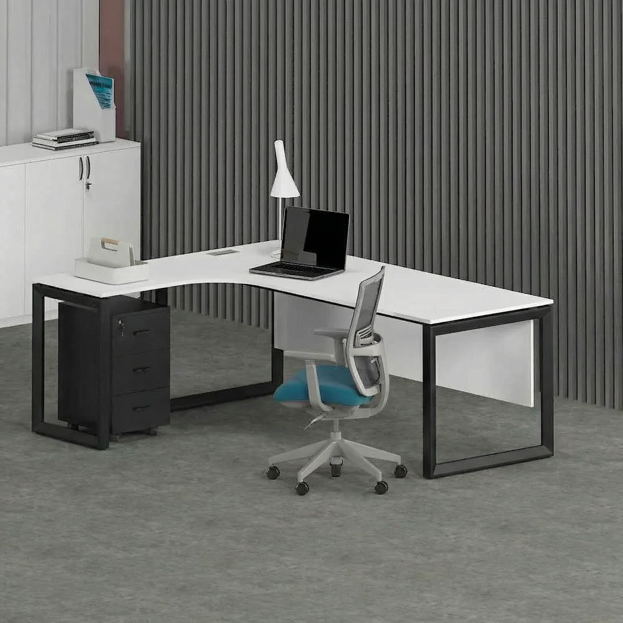 Solana L-Shaped Executive Desk (Curve Table Top) Black Frame