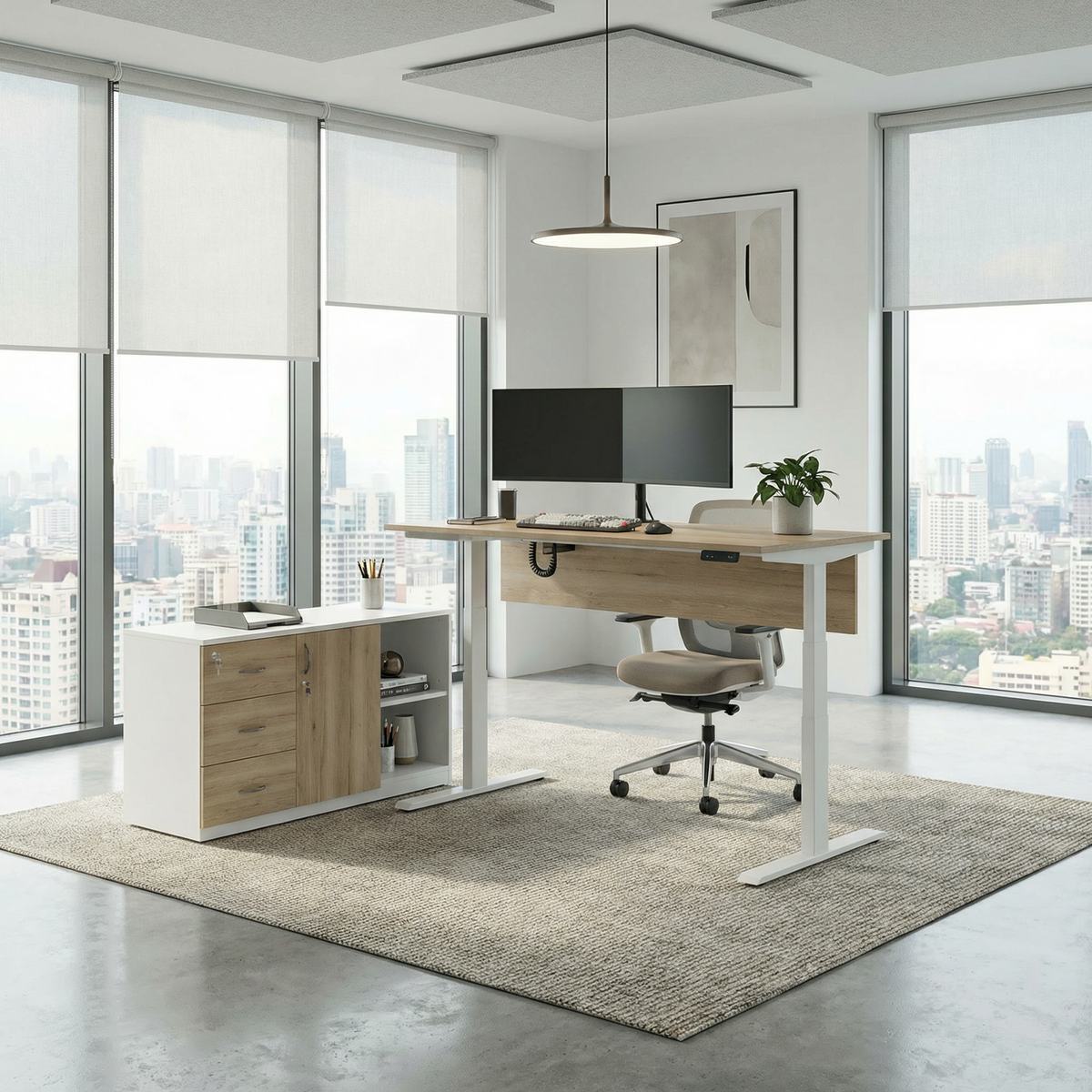PosturePro Electric Pro Series L-Shape Dual Motor Height Adjustable Standing Table With Side Return (White Frame)