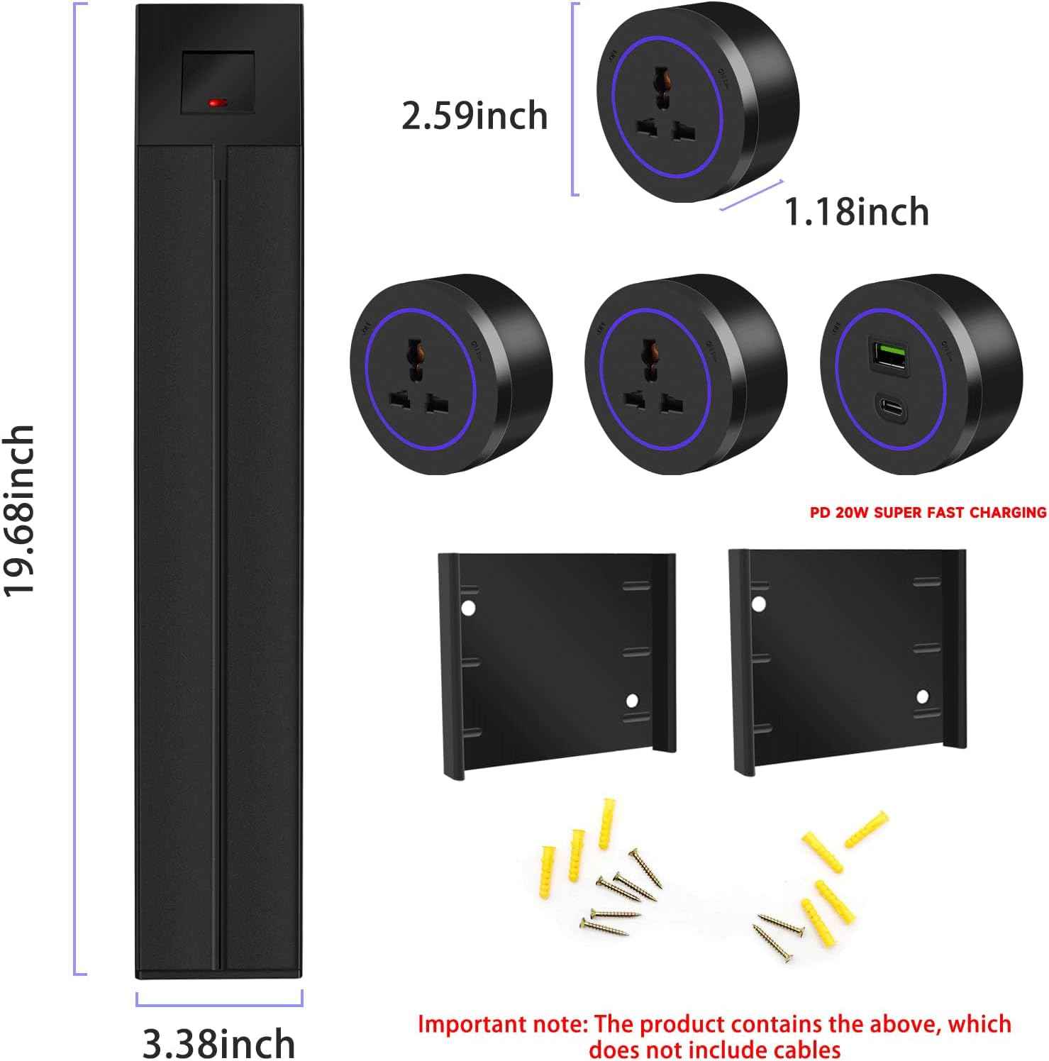 Track socket;Removable Electrical Track Outlet 50CM Track 8000w; 3 Universal socket, USB-C PD 20W Super charging,Suitable for Kitchen, Living Room,Study, Office (black)
