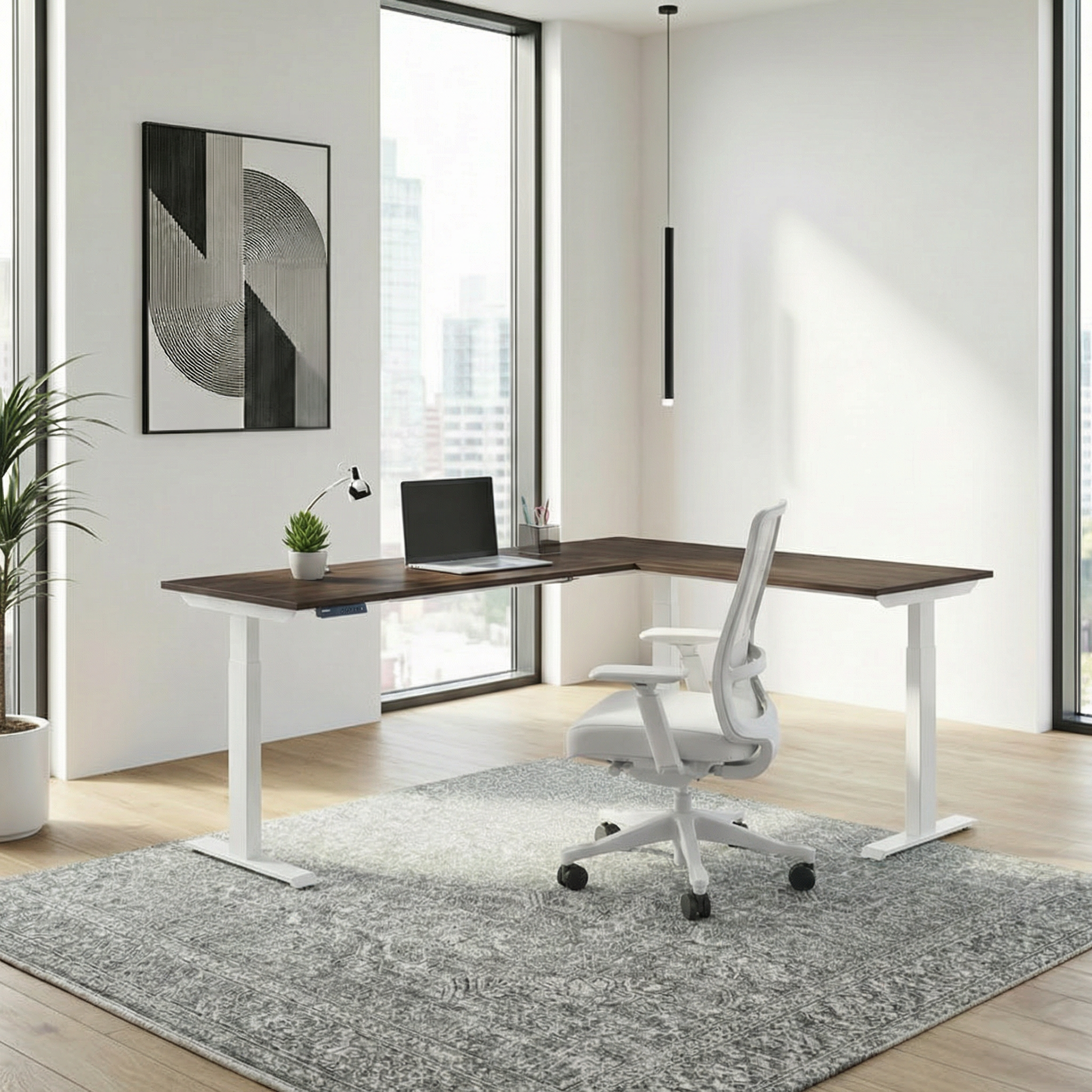 Electric Triple Motor L-Shape Height Adjustable Desk (White Frame)
