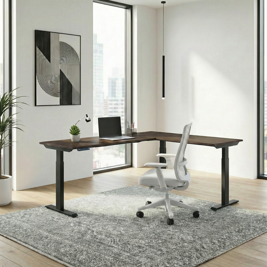 Electric Triple Motor L-Shape Height Adjustable Desk (Black Frame)