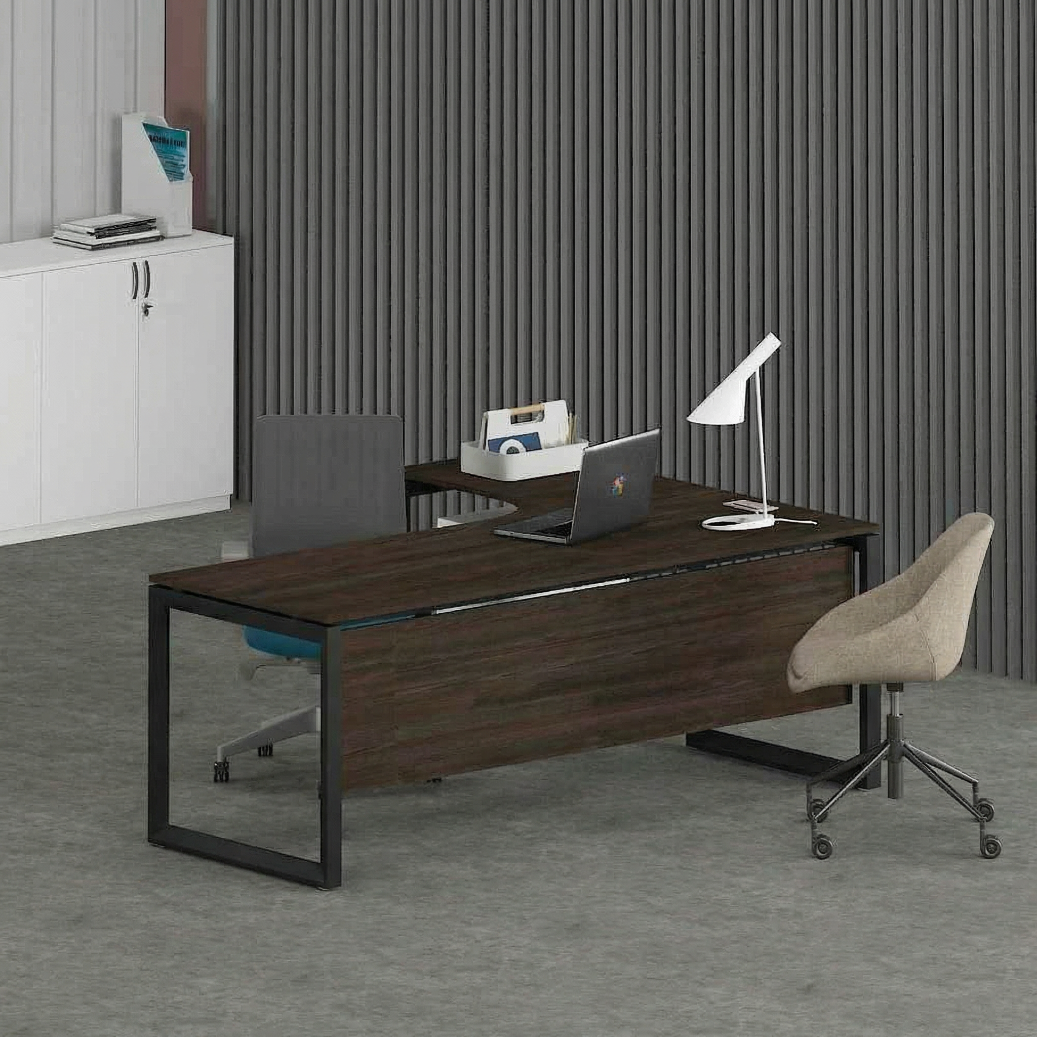 Solana L-Shaped Executive Desk (Curve Table Top) Black Frame