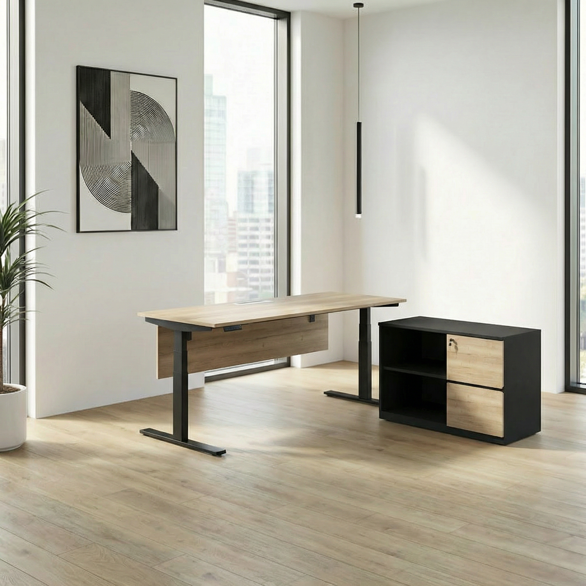 ErgoNest Electric Pro Series L-Shape Dual Motor Height Adjustable Standing Table With Side Return (Black Frame)