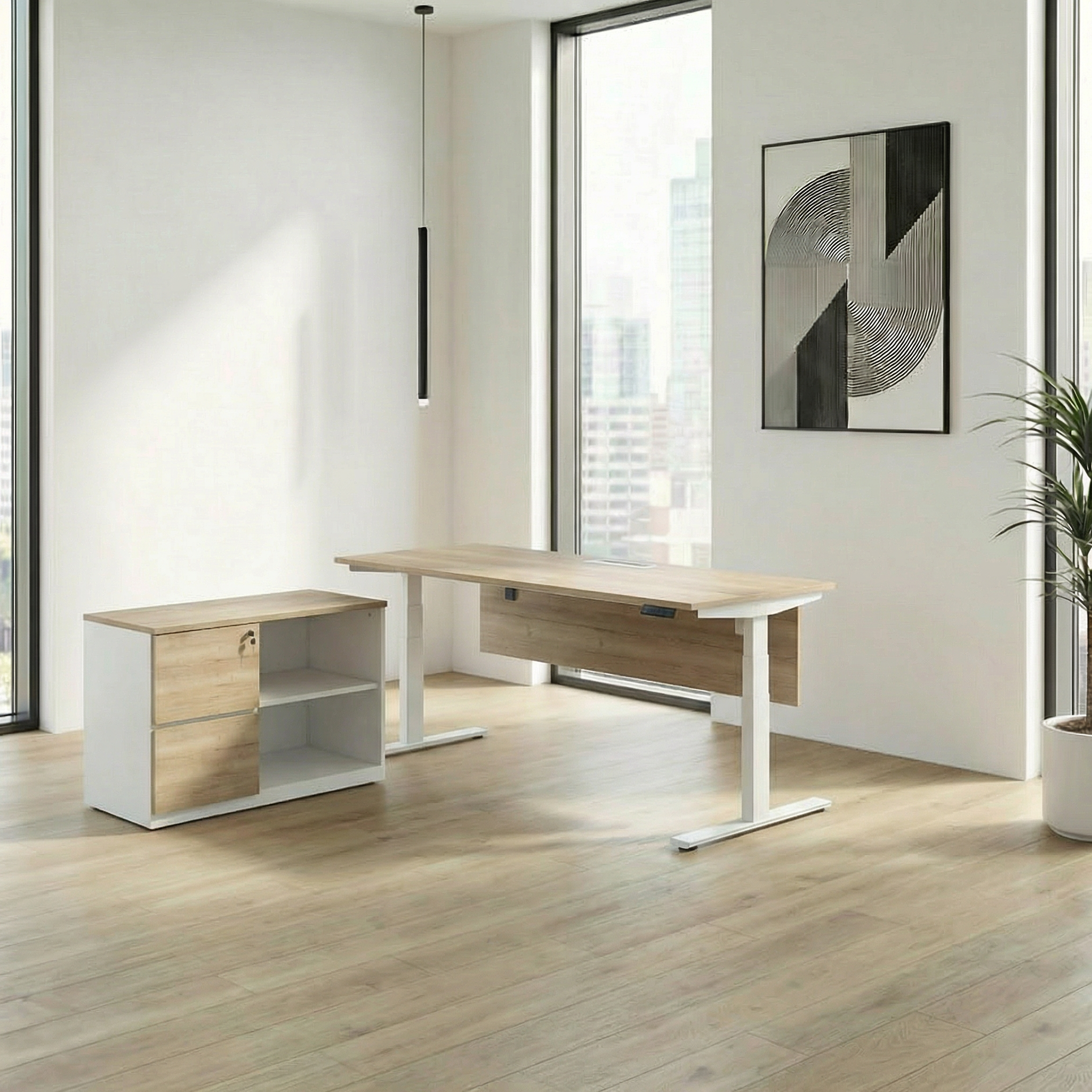 ErgoNest Electric Pro Series L-Shape Dual Motor Height Adjustable Standing Table With Side Return (White Frame)