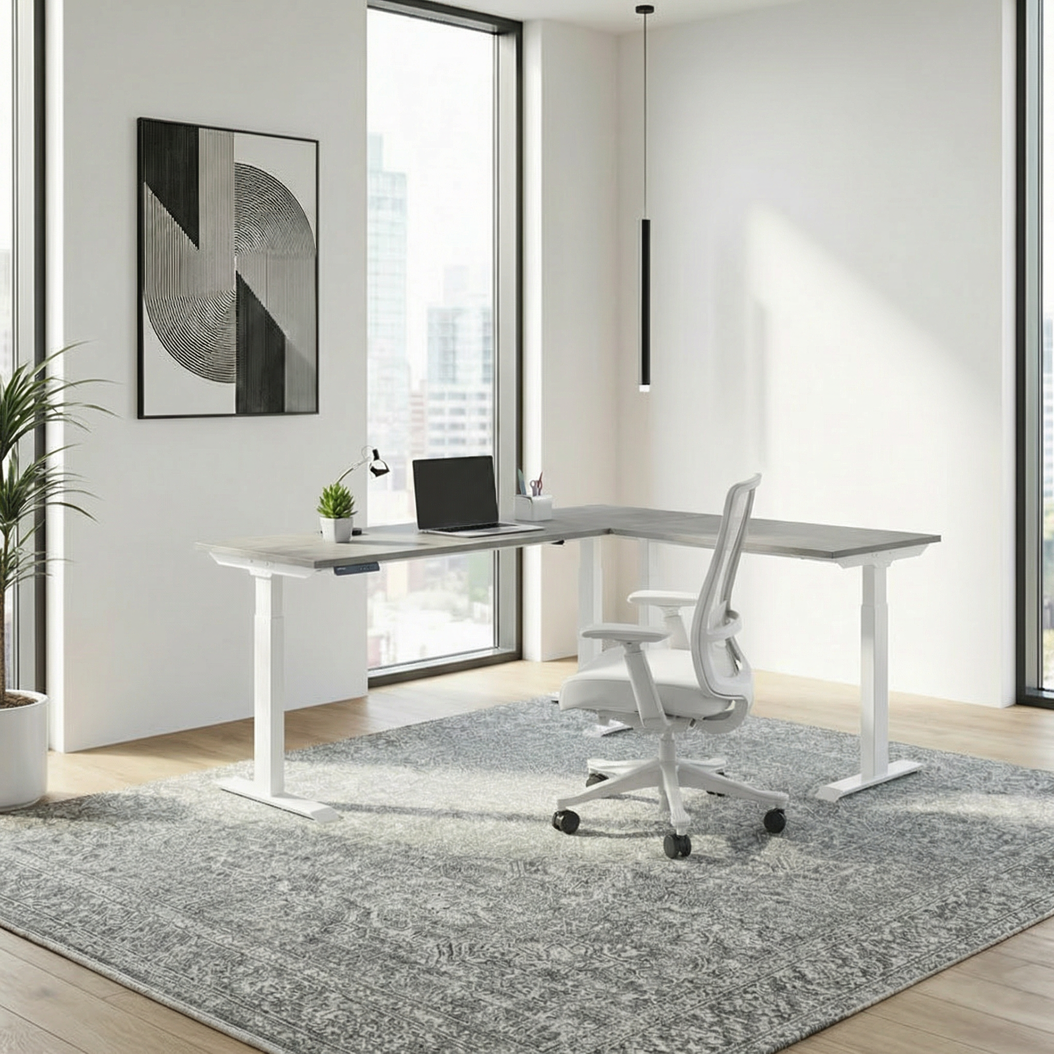 Electric Triple Motor L-Shape Height Adjustable Desk (White Frame)