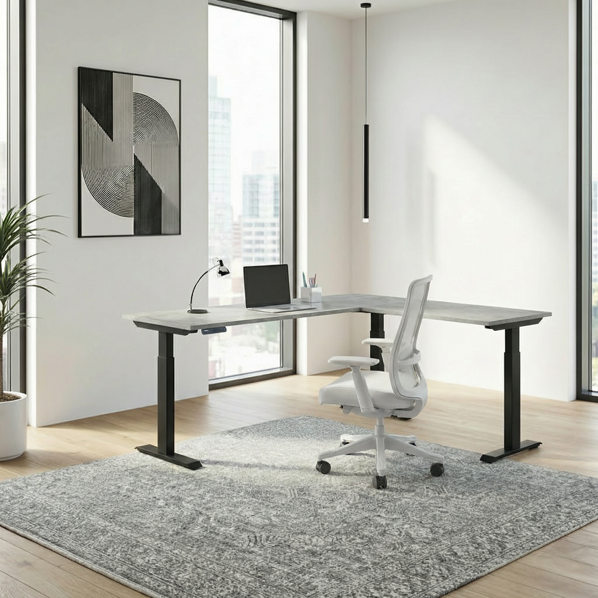 Electric Triple Motor L-Shape Height Adjustable Desk (Black Frame)