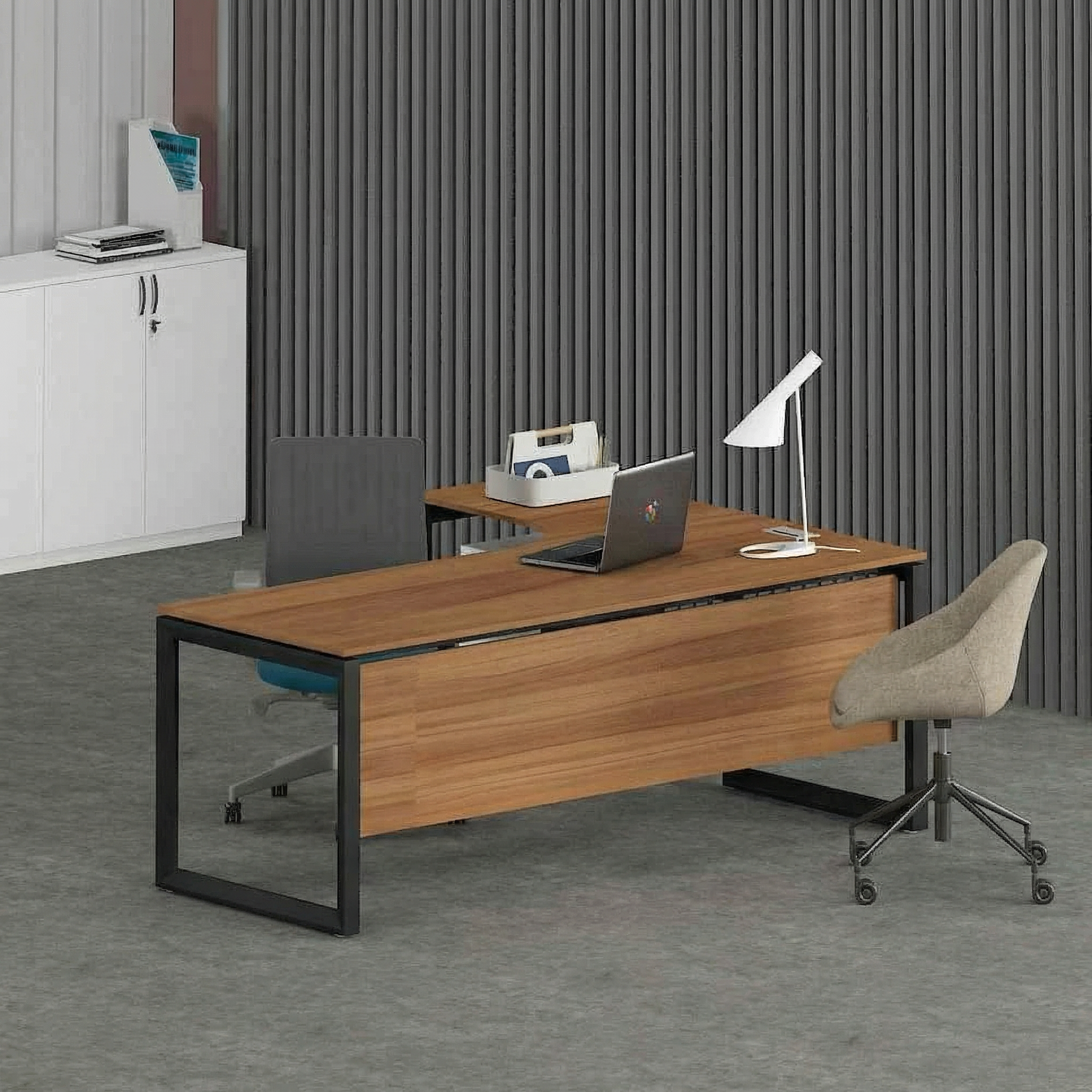 Solana L-Shaped Executive Desk (Curve Table Top) Black Frame