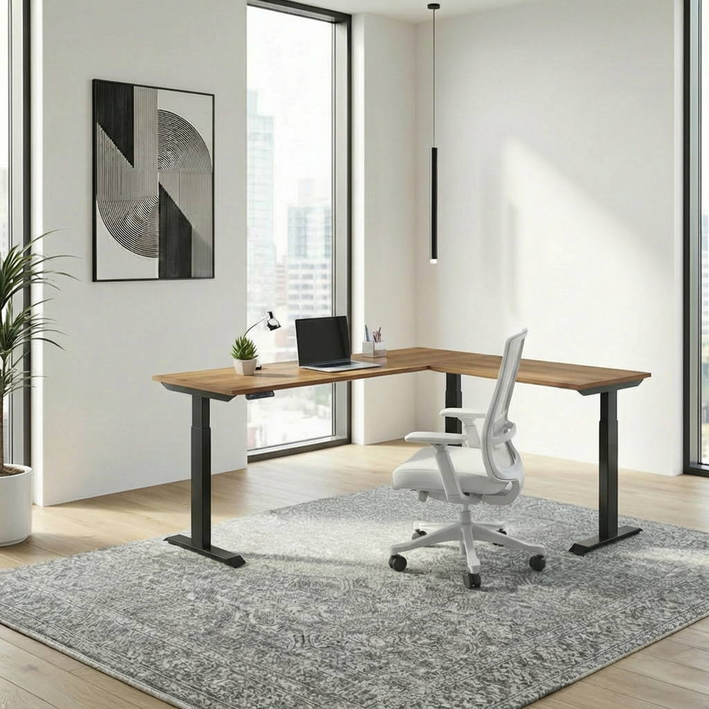 Electric Triple Motor L-Shape Height Adjustable Desk (Black Frame)