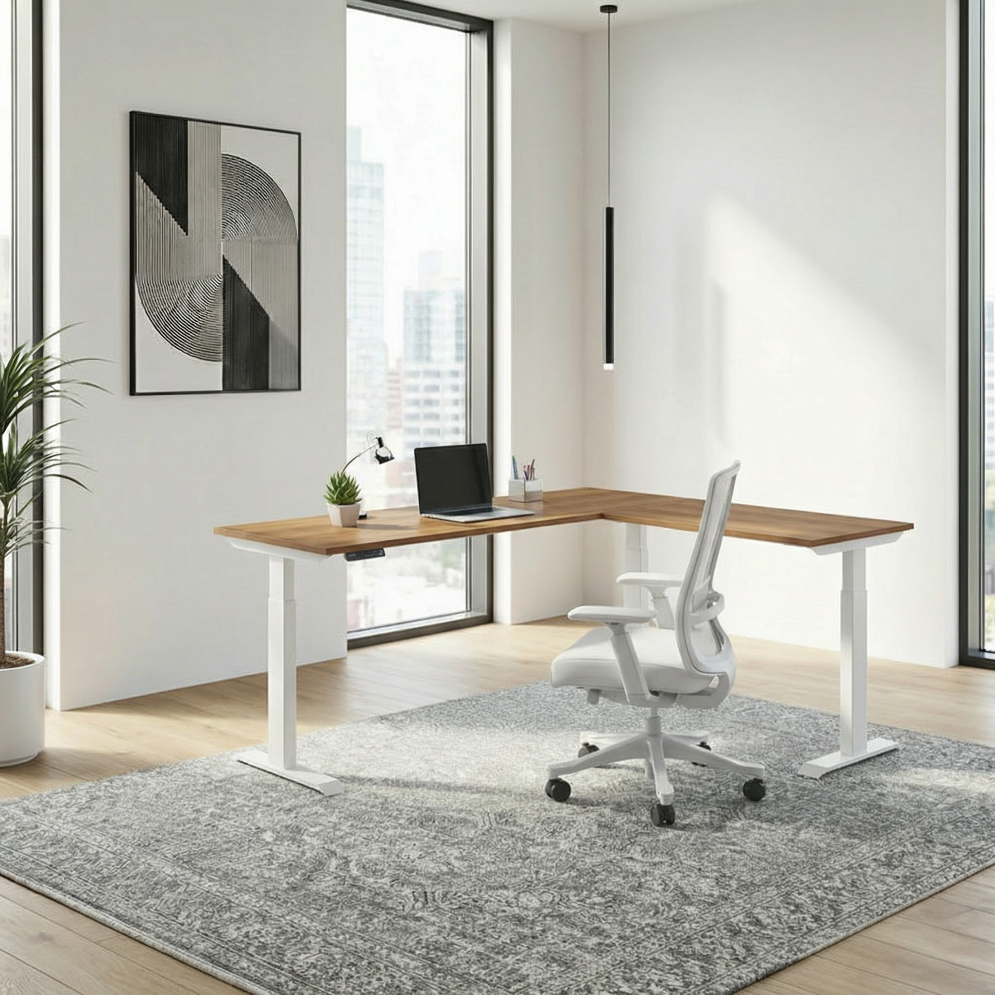 Electric Triple Motor L-Shape Height Adjustable Desk (White Frame)