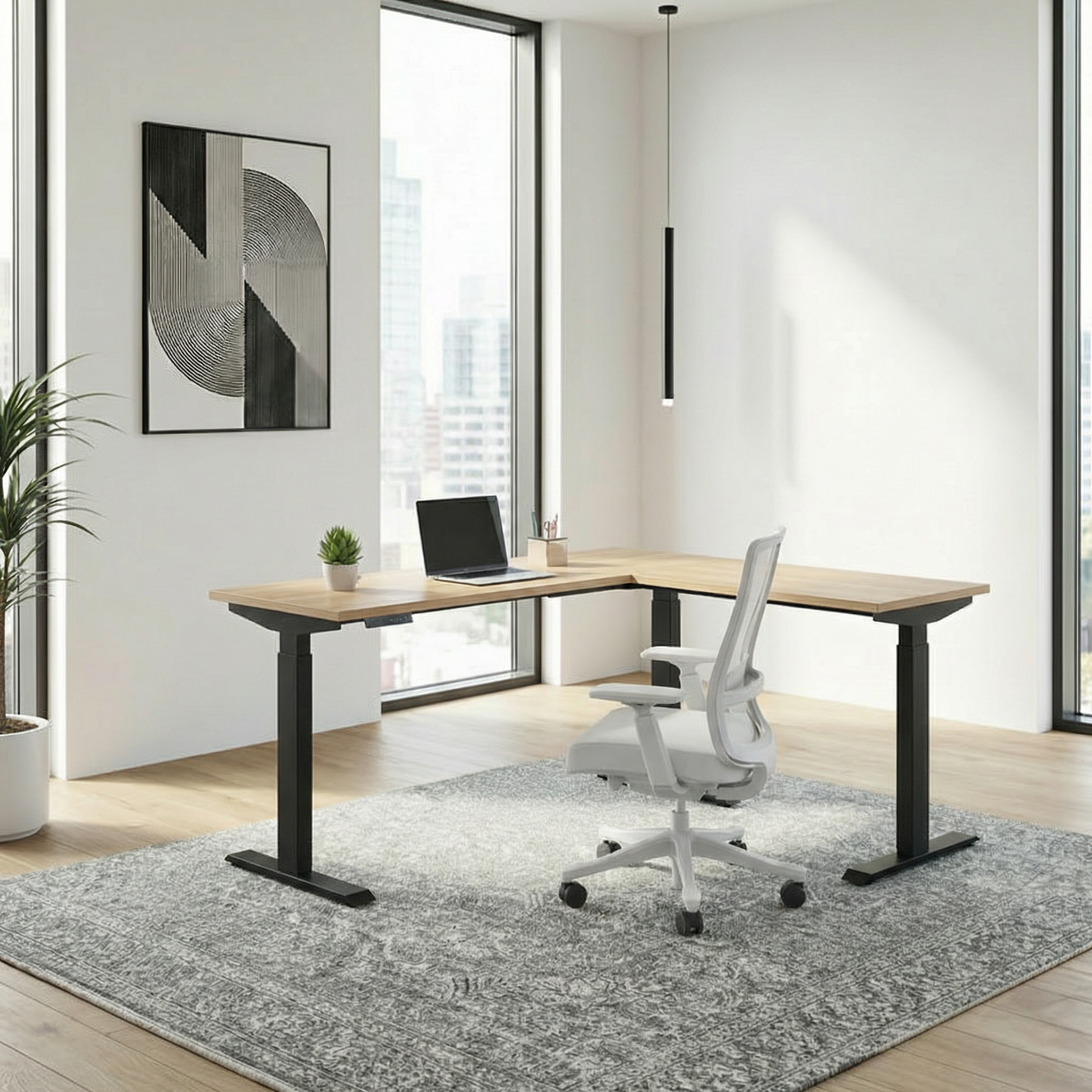 Electric Triple Motor L-Shape Height Adjustable Desk (Black Frame)