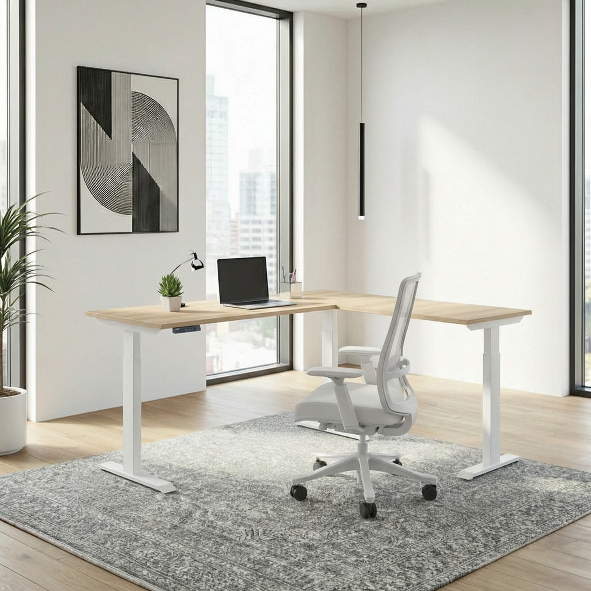 Electric Triple Motor L-Shape Height Adjustable Desk (White Frame)
