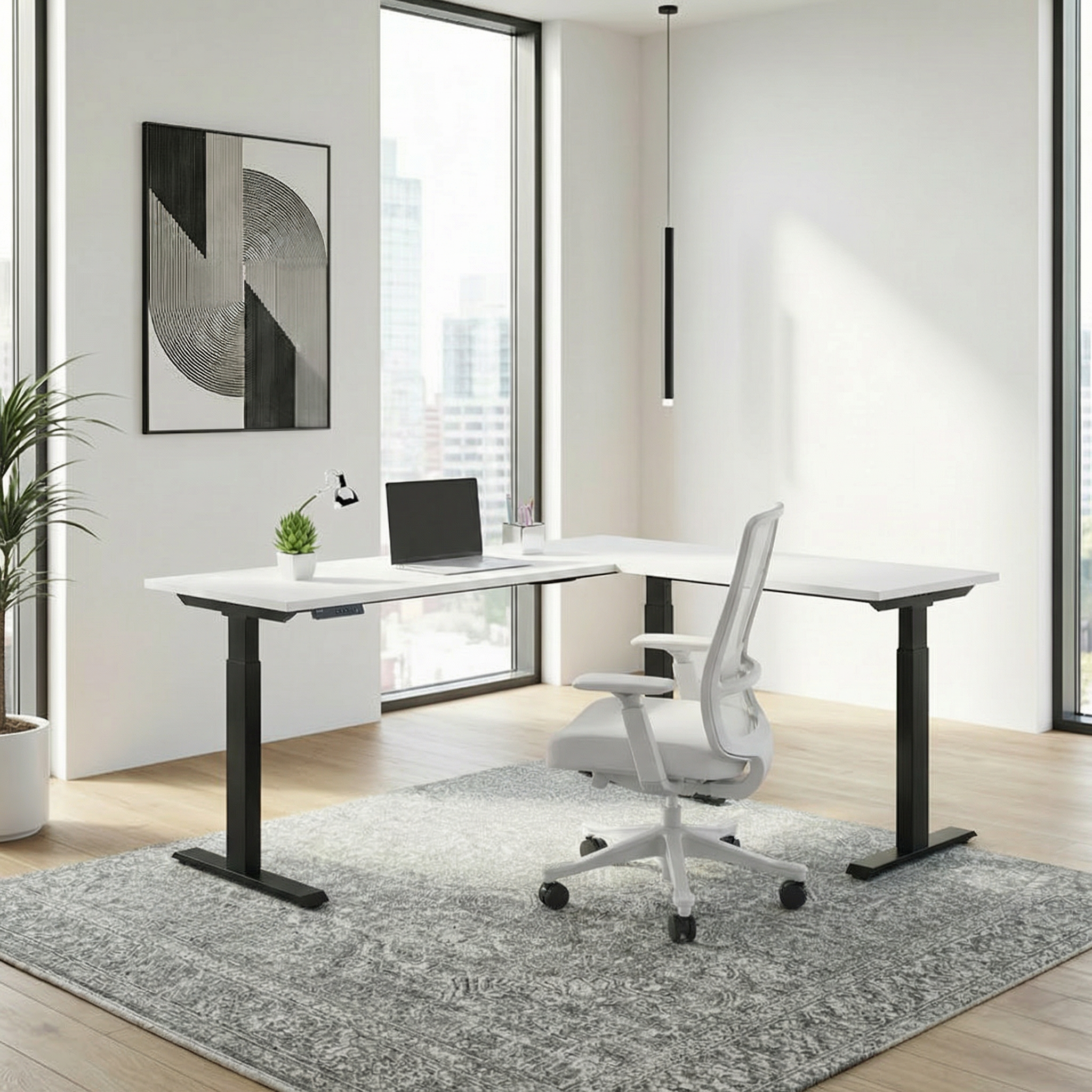 Electric Triple Motor L-Shape Height Adjustable Desk (Black Frame)