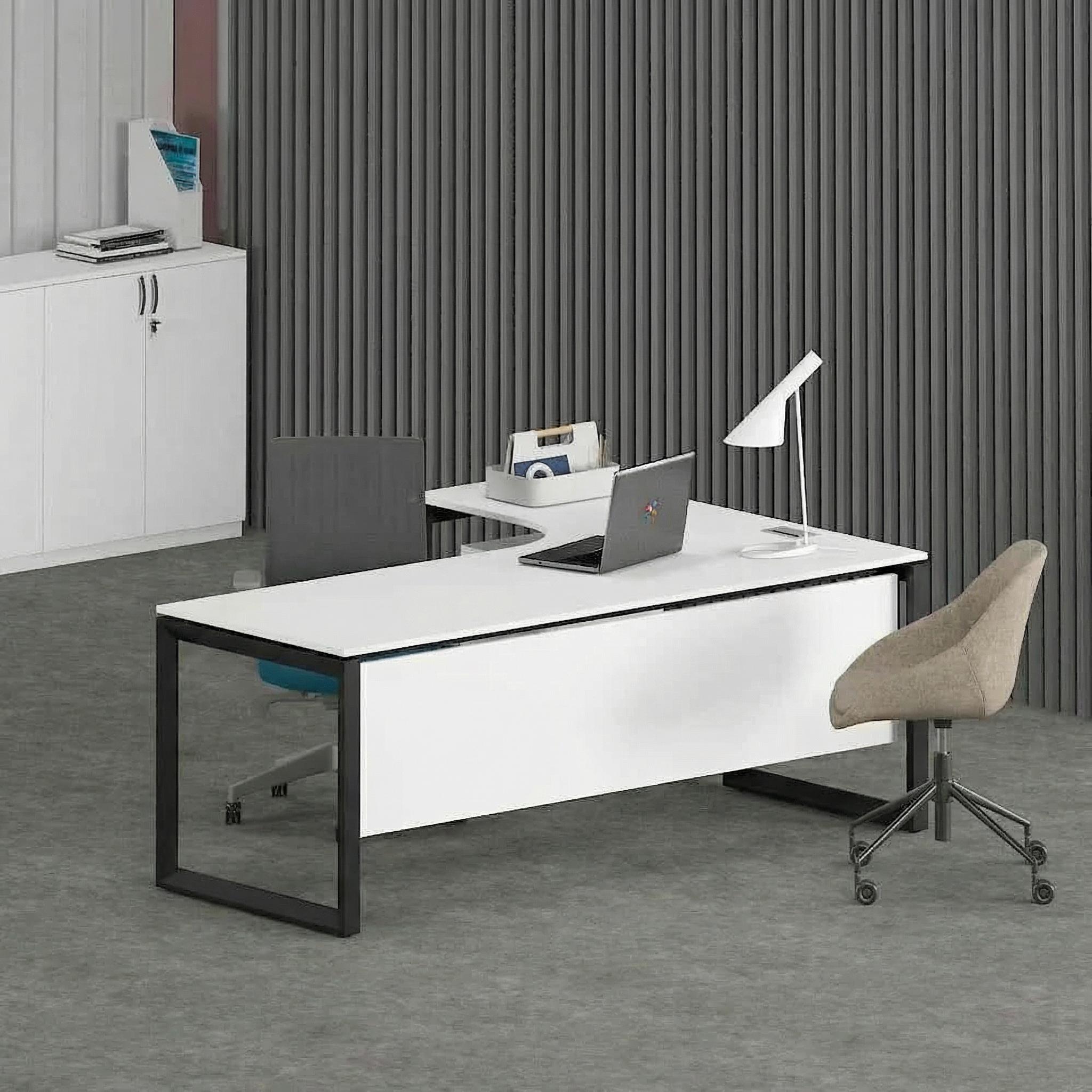 Solana L-Shaped Executive Desk (Curve Table Top) Black Frame