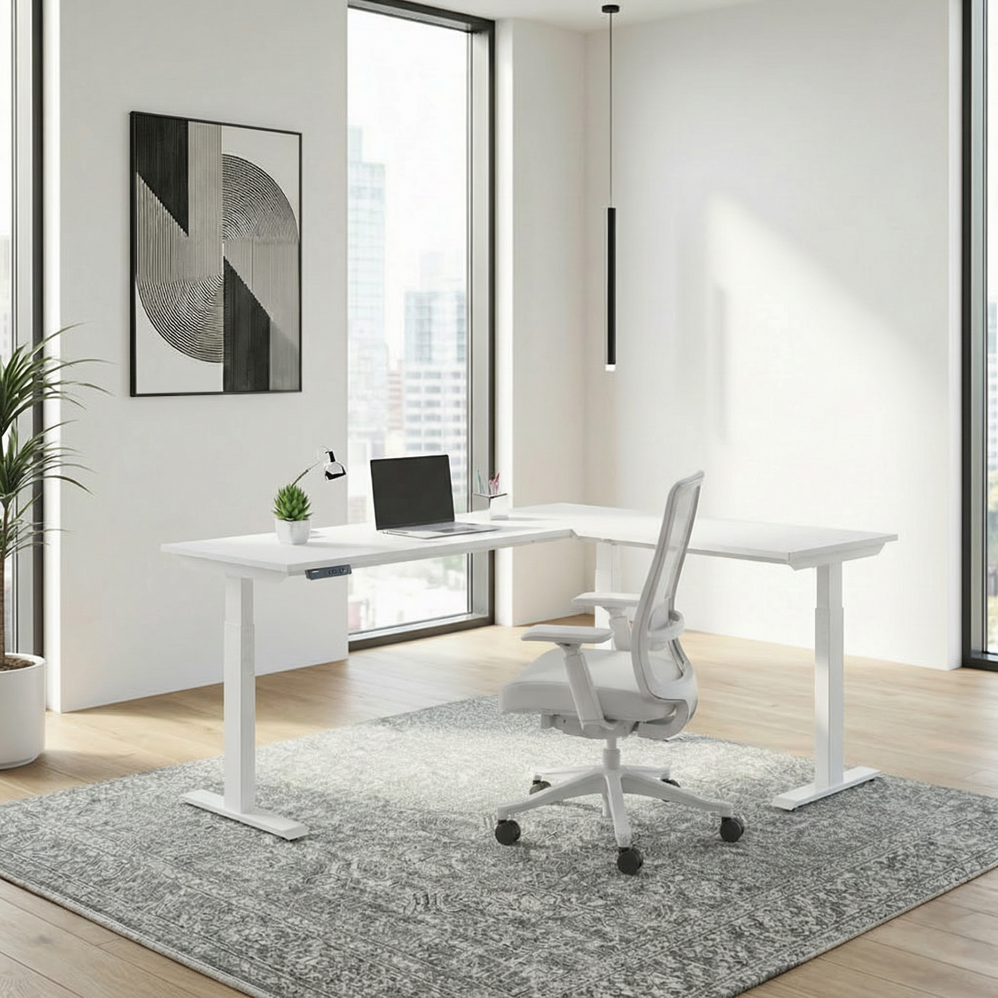 Electric Triple Motor L-Shape Height Adjustable Desk (White Frame)