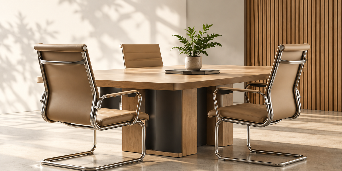 Oak meeting table with taupe office chairs and a green plant